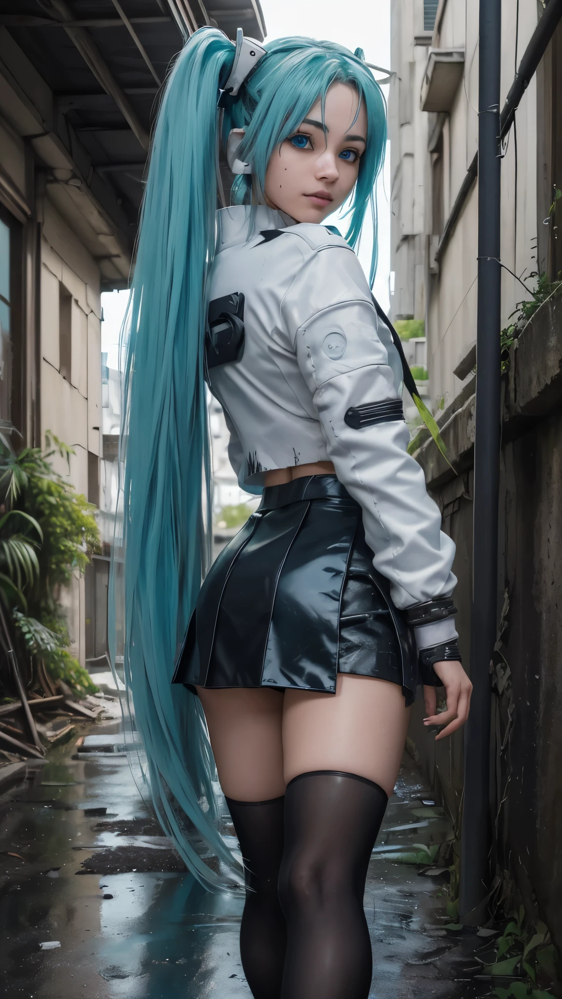 (La mejor calidad,A high resolution,Ultra - detallado,actual), Miku Hatsune, ,(Ruined alley Tokyo cyberpunk dungeon ruins background :1.4 ), pechos grandes, dynamic pose , (pelo verde  colas gemelas) ,(miniskirt white corta:1.4), cabello muy largo) , pon tus b, cara relajada, pelo de las cejas, cabello brillante,,(Fondo de ruinas de mazmorra en ruinas cyberpunk :1.4 ), piel brillante, una ligera sonrisa, Racing Miku, cuerpo negro, chaqueta corta, (chaqueta blanca:1.4), mostrando vientre plano, , manga larga, guantes de dos tonos, botas altas de muslo,,(Fondo de ruinas de mazmorra en ruinas nublado lluvia :1.4 ),(Obra maestra: 1.4), (8k, realista, foto cruda, La mejor calidad: 1.4),(Miku Hatsune:1.4), (Miku hatsune V2.1), (Detalles de la cara: 1.5, (ojos azules hermosos detailed :1.4) , hermoso rostro, ojos bonitos, Iris lining, labios delgados: 1.5, delgado, pale and sharp eyebrows, Largo, dark eyelashes, double eyelashes), dedos detailed : 1.5,( dynamic pose), (perfect anatomy), (face detailed :1.4), , (Hatsune Miku Cosplay),( no mutaciones) 