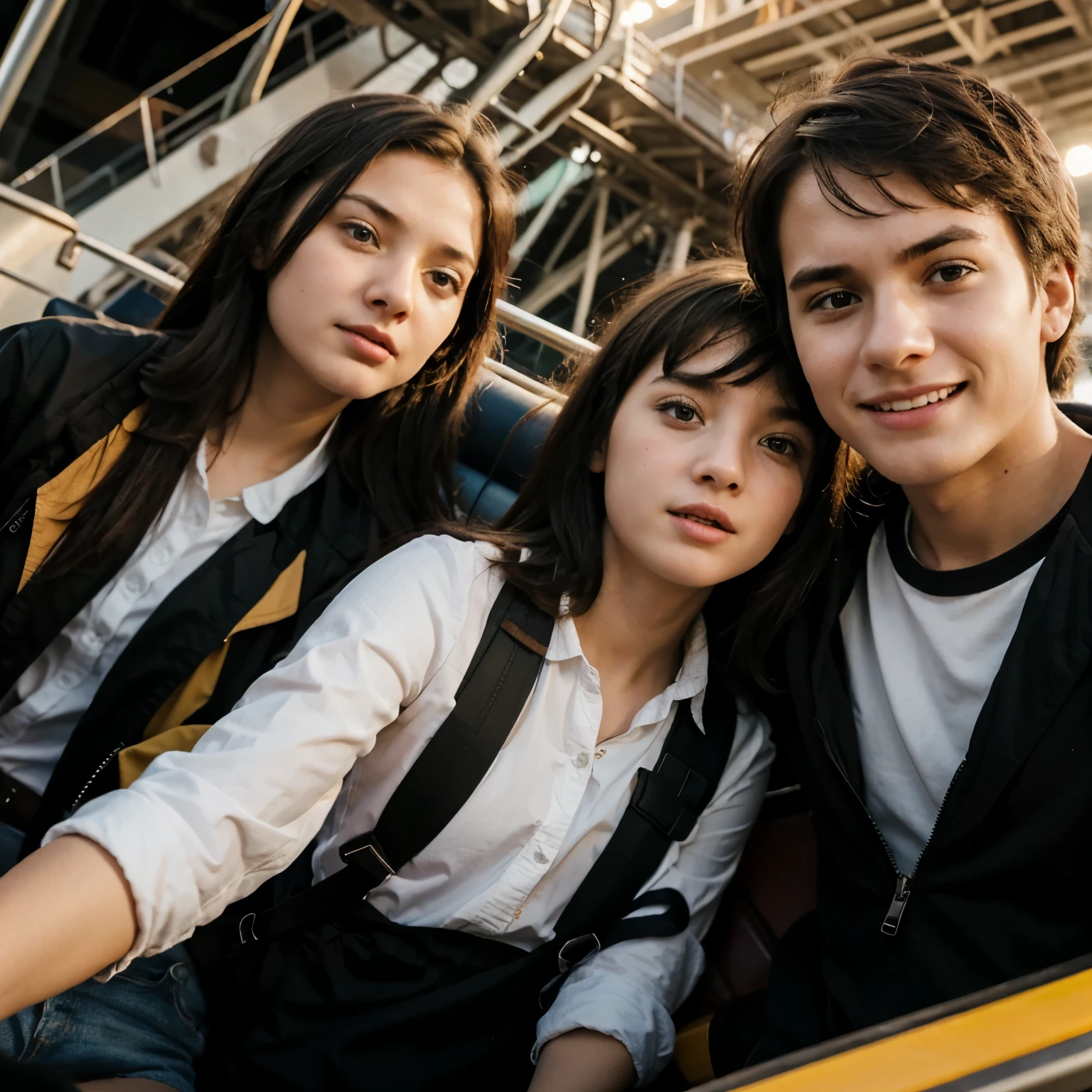 Two girls and a boy on a roller coaster scared