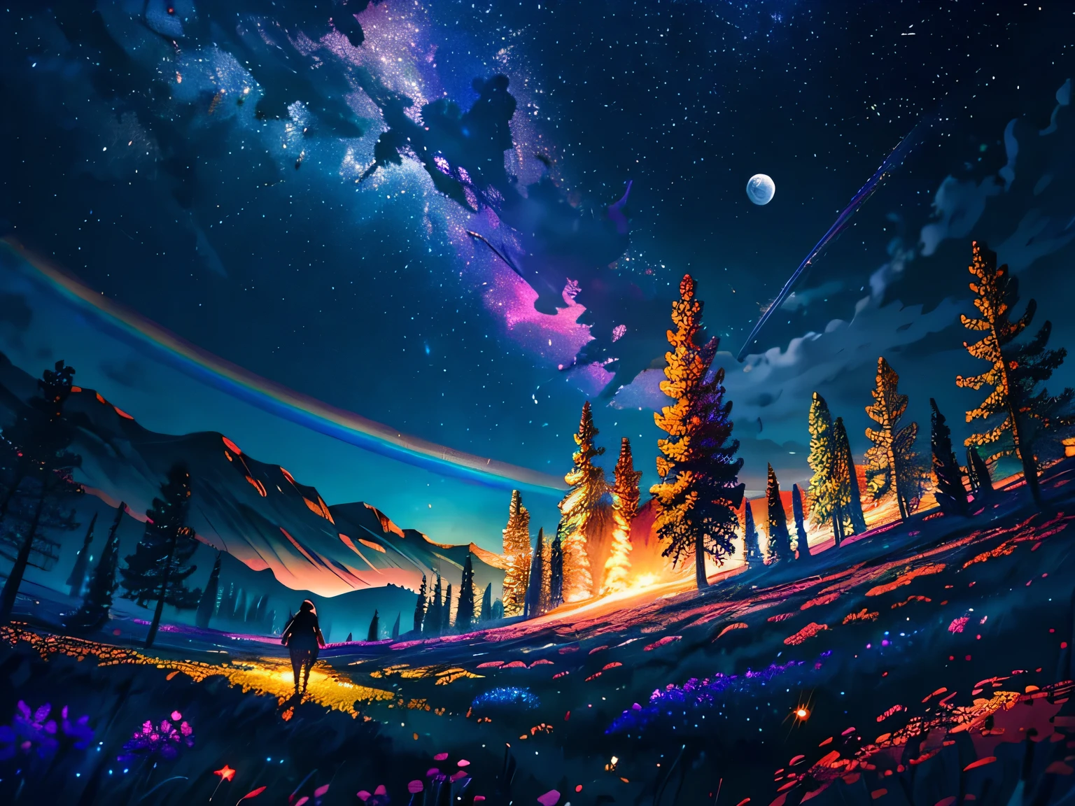 Vast landscape photography , (A view from below, with the sky above and the wide fields below), A girl standing in a flower field looking up, (full moon:1.2), ( shooting star:0.9), (nebula:1.3), Distant Mountain, Treebreak Production Art, (Warm light source:1.2), (fire Fly:1.2), lamp, Lots of purple and orange, Intricate details, Volumetric Lighting Break
(masterpiece:1.2), (highest quality), 4K, Very detailed, (Dynamic configuration:1.4), Very detailed, Colorful details,( Rainbow-colored:1.2), (Shining Lights, Atmospheric lighting), dream-like, Magic, (alone:1.2)