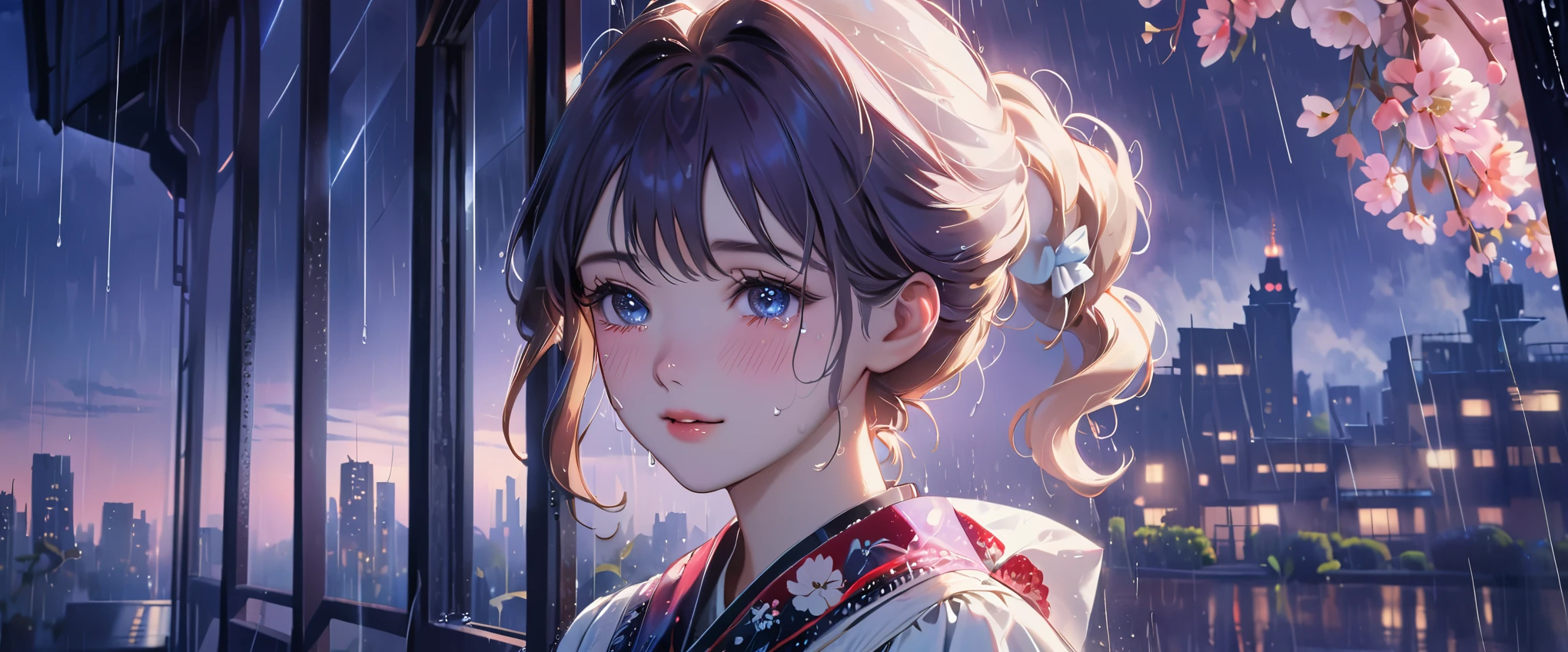 best quality, highres, ultra-detailed, realistic:1.37, vibrant colors, portrait, soft lighting, long eyelashes, sparkling eyes, glossy lips, detailed skin, retro pattern, pastel colors, ((smile while crying1.2)), ((shedding tears:2.0),, ((sad look:1.8)),, dreamy atmosphere, elegant pose, nostalgic vibes, glittering highlights, flawless complexion, 80s style fashion, retro hairdo, pink blush, delicate features, diamond-like eyes,((rain squall:2.8)),((high rise residential building Dark city silhouette background:2.0))