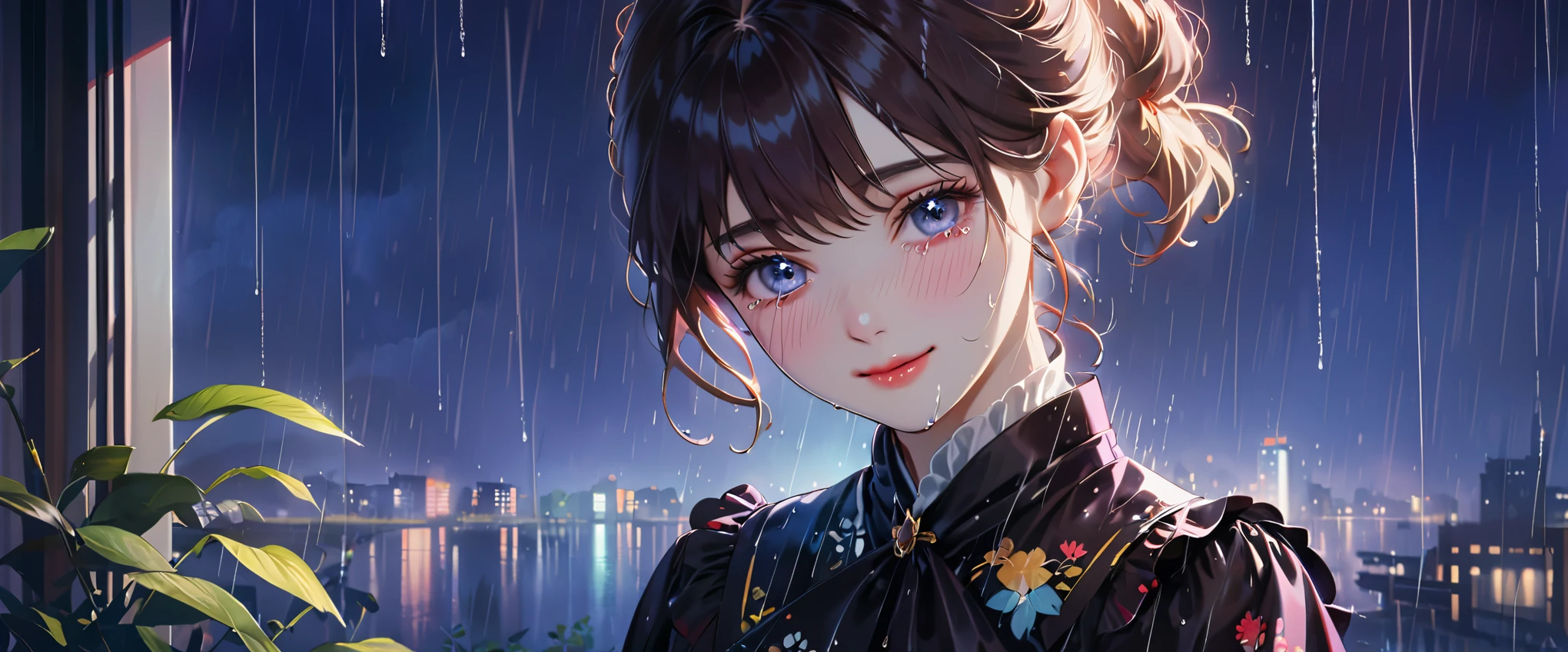 best quality, highres, ultra-detailed, realistic:1.37, vibrant colors, portrait, soft lighting, long eyelashes, sparkling eyes, glossy lips, detailed skin, retro pattern, pastel colors, ((smile while crying1.2)), ((shedding tears:2.0),, ((sad look:1.8)),, dreamy atmosphere, elegant pose, nostalgic vibes, glittering highlights, flawless complexion, 80s style fashion, retro hairdo, pink blush, delicate features, diamond-like eyes,((rain squall:2.8)),((high rise residential building Dark city silhouette background:2.0))