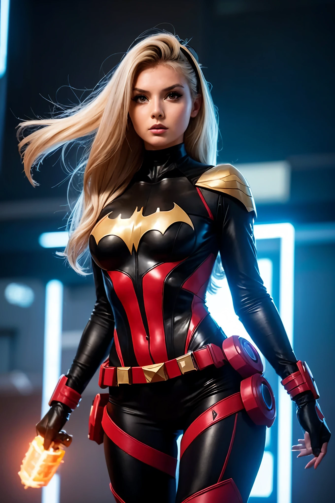 RAW, Best quality, high resolution, masterpiece: 1.3), a girl in a fusion of Batgirl and Metroid robo dress, Glutecentric and hipcentric design, bigwidespreadhipscore, no nudes,
Masterpiece: 1.3, A stunning fusion of Batgirl and Metroid, Glutecentric and hipcentric elements,
Large, detailed robo dress accentuating the wide hips, intricate design displaying both Batgirl's sleekness and Metroid's armor-like features,
Exuding confidence and power, the girl gazes straight at the viewer,
Glowing eyes with a slight shift of Metroid's