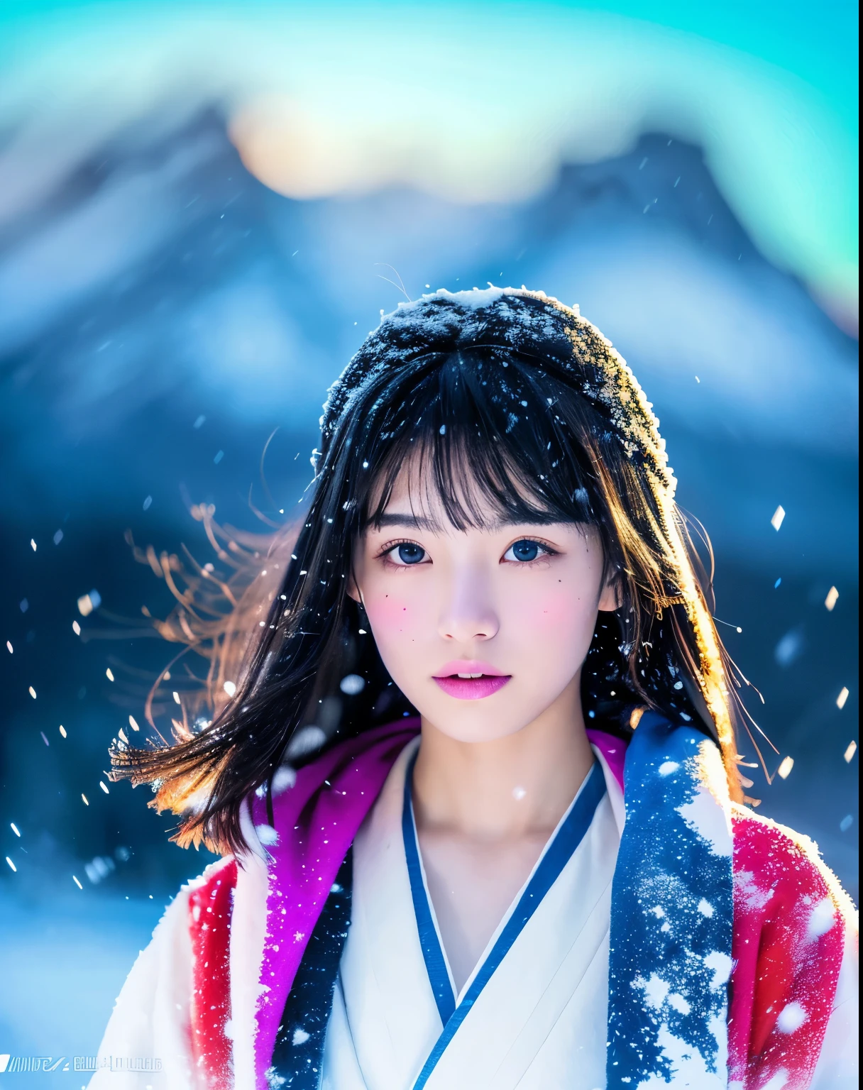 (highest quality, 8k, High resolution, masterpiece:1.5, ), Beautiful Japanese Girl, Snow Girl, 20-year-old, Perfect Human Anatomy, Big magic eye, Serious expression, Detail of windblown black hair, Long hair that shines like the aurora, Asymmetrical bangs, Smooth and soft white skin, ((White kimono)), High-quality fabric, (Colorful glowing snow effect:1.3), ((Snowy mountains in a blizzard)), Professional Lighting, Professional Photographer, Professional Model