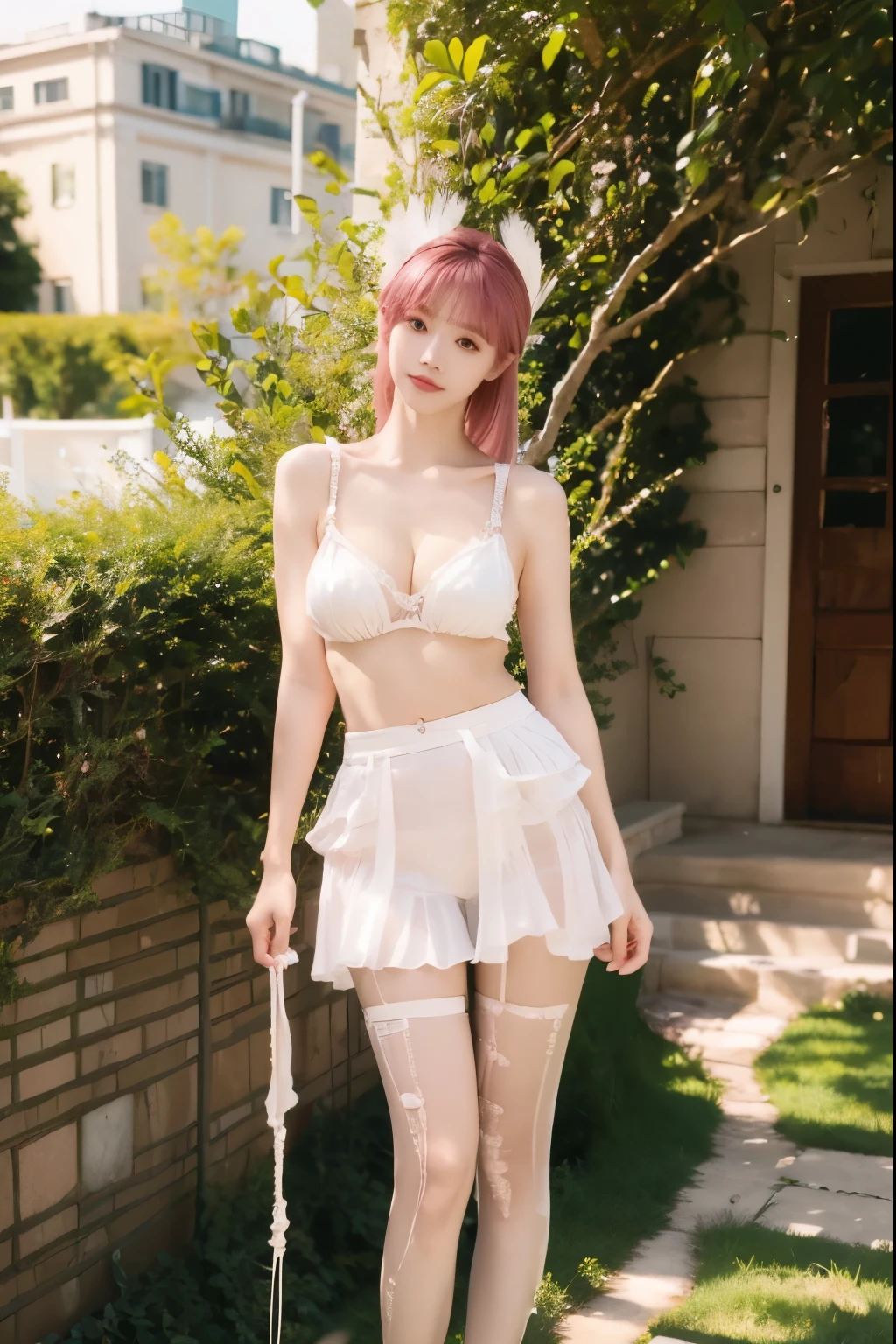 Beautiful woman with perfect body:1.4,Layered Hairstyle,Prominent cleavage,Highly detailed face and skin textures,Double eyelids,Skin Whitening,Long hair,Whitened long legs,Pink short hair,(Tight suspenders,miniskirt,White pantyhose)Standing in the garden