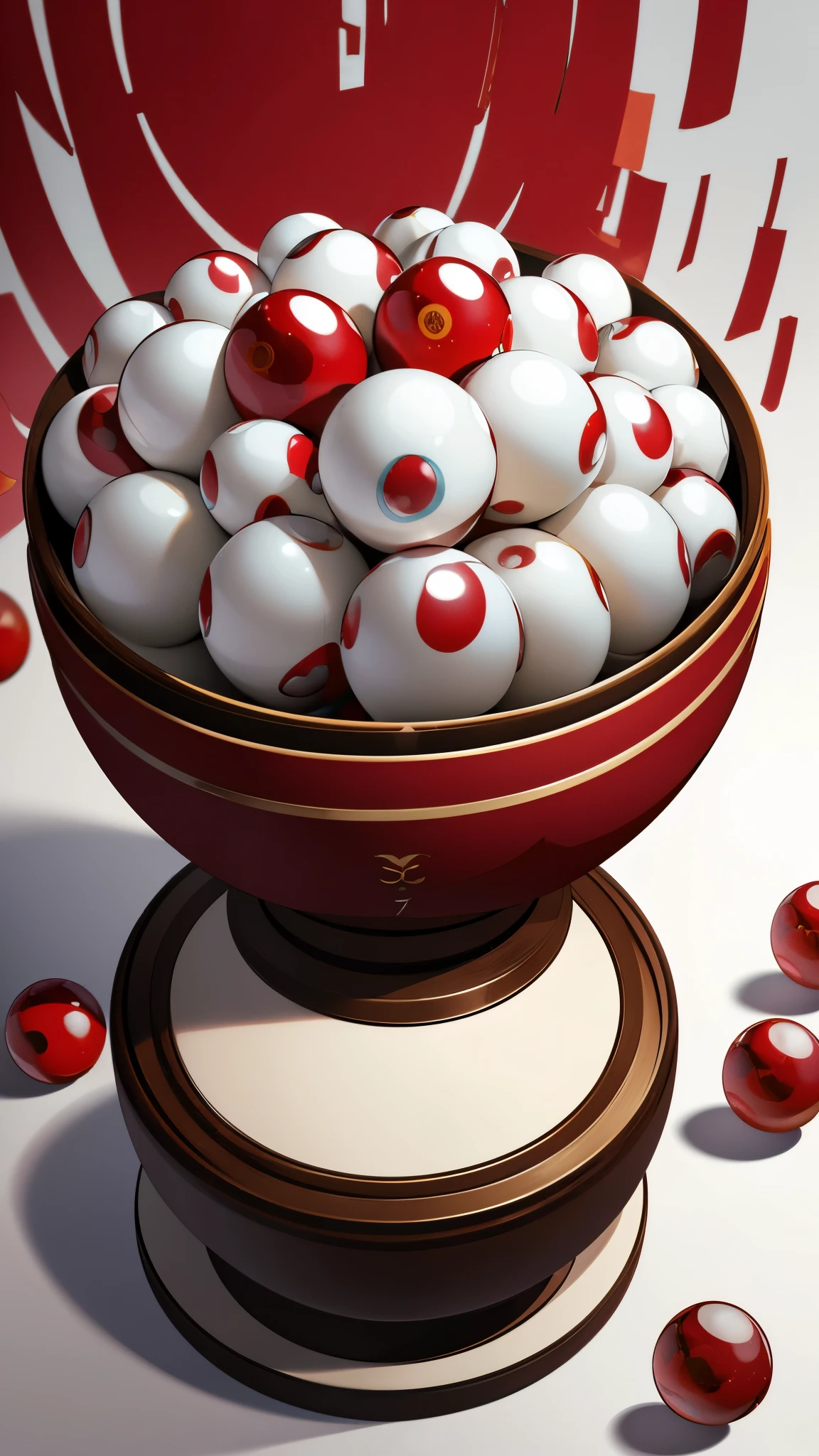 ((8k resolution))、((highest quality))、((masterpiece))、((Very detailed))((((dramatic))), A ceramic bowl containing seven red marbles、White background