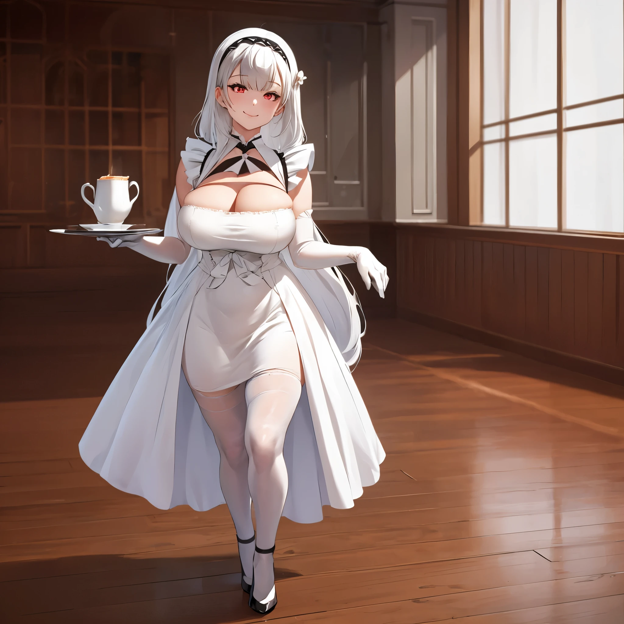 A woman wearing a white maid dress, black skirt, white apron, white tights, white gloves, long white hair, red eyes, big breasts, black heels, smiling, full body, holding a tray perfectly with a cup of coffee and sandwich, (just a tray), walking into a luxury room, background window, projected shadow, anaglyph, stereogram, tachi-e, dot view, atmospheric perspective, 8k, superdetail, accurate, best quality, award-winning, textured skin, high resolution, anatomically correct, bokeh effect, ((solo woman)