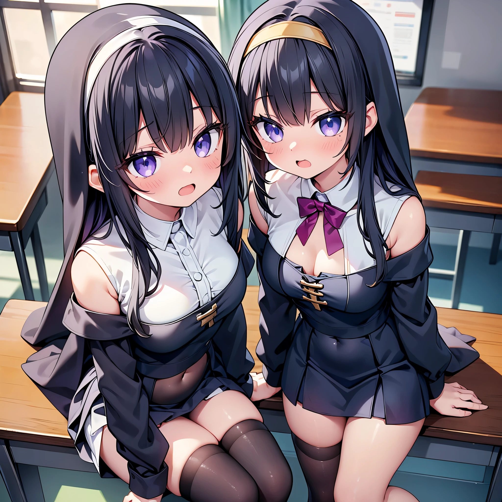 (cute eyes:1.2), (sparkling eyes:1.2), (8K、Best image quality、highest quality、masterpiece)、Detailed face、(2 girls)、Improve、(Black Hair, Purple Eyes, long hair)、(open mouth), (embarrassed), (skinny body:1.3),(small breasts), (off shoulder nun:1.2), (cleavage), (crop top navel), Sit on a chair, Classroom Background, (black stockings:1.1), (Thighs:1.1), (Waistline:1.1),(close-up shot of bust), (from above:1.2)