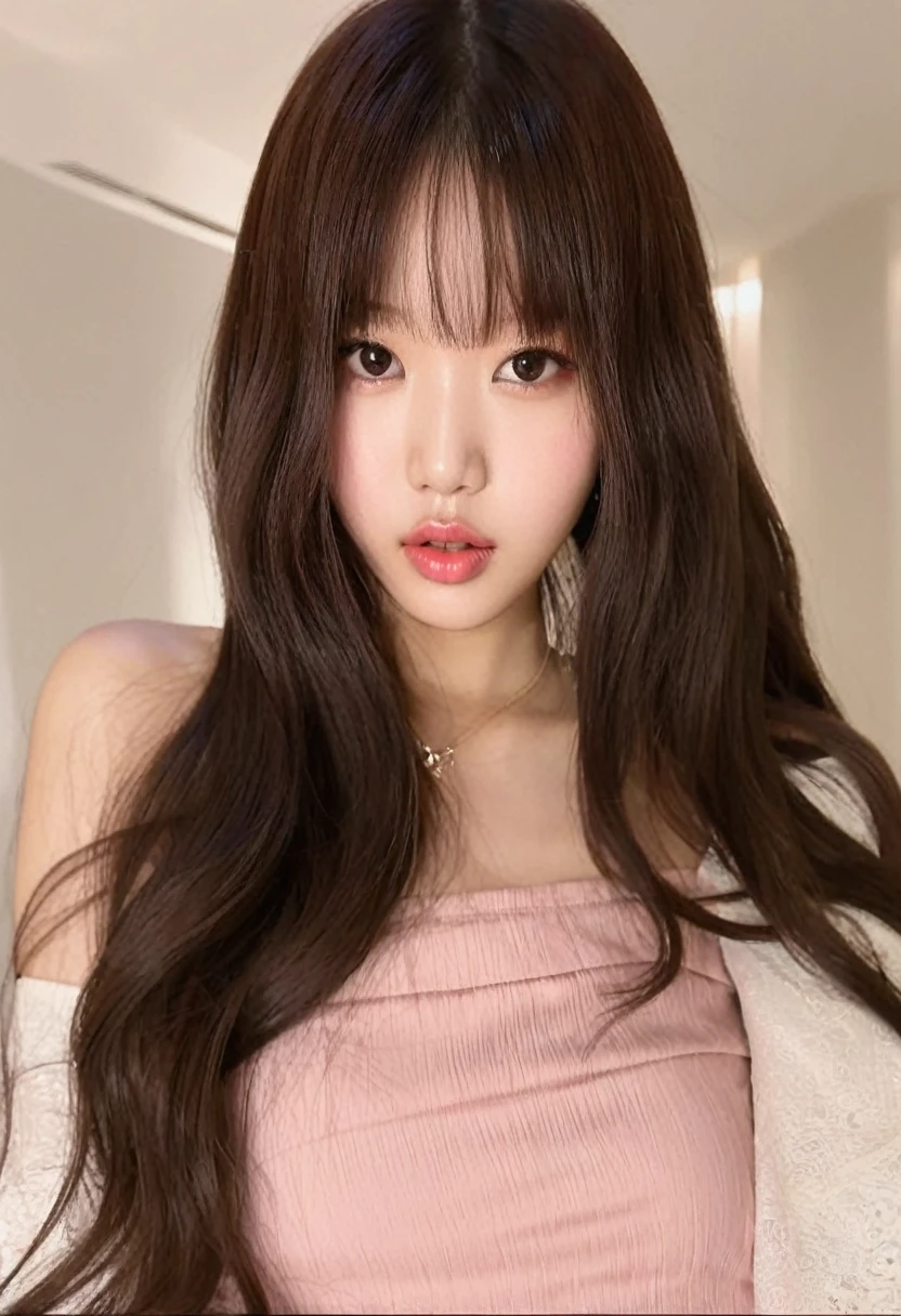 un primer plano de una mujer con cabello largo y vestido rosa, Lalisa Manobal, ulzzang, brown long hair con flequillo, Lalisa Manoban de Blackpink, long hair con flequillo, pelo largo con flequillo completo, con flequillo, flequillo con raya al centro, neat hair con flequillo, hermosa mujer surcoreana, muchacha coreana, hermosa joven coreana , Jennie blackpink , sana twice