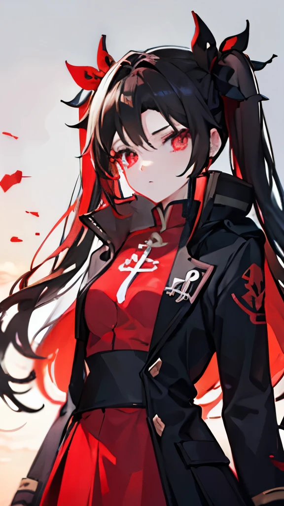 Black hair, carmesin eyes, red EYEs, coat, cold, winter,  Yo, hair tohsaka.