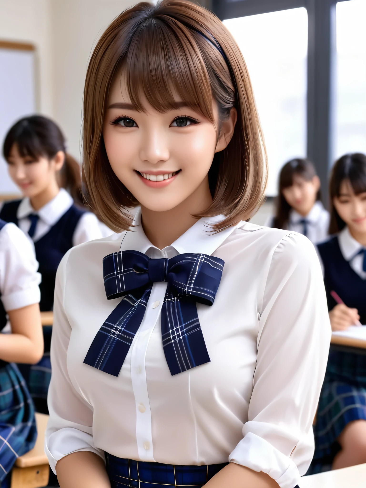 product quality, 1girl, full body shot, front view, a Japanese young pretty girl, 18 years old, short hair, taking a class with a big smile on a crowded classroom of a high school, glamorous figure, busty, wearing a long sleeves white shirt with a collar, plain dark blue bow tie, dark blue tartan plaid pleated skirt, hyper cute face, glossy lips, double eyelids in both eyes, natural makeup, long eyelashes, shiny smooth light brown hair, asymmetrical bangs, fair skin, central image, high resolution, high detail, detailed hairstyle, detailed face, spectacular cinematic lighting, octane rendering, vibrant, hyper realistic, perfect limbs, perfect anatomy