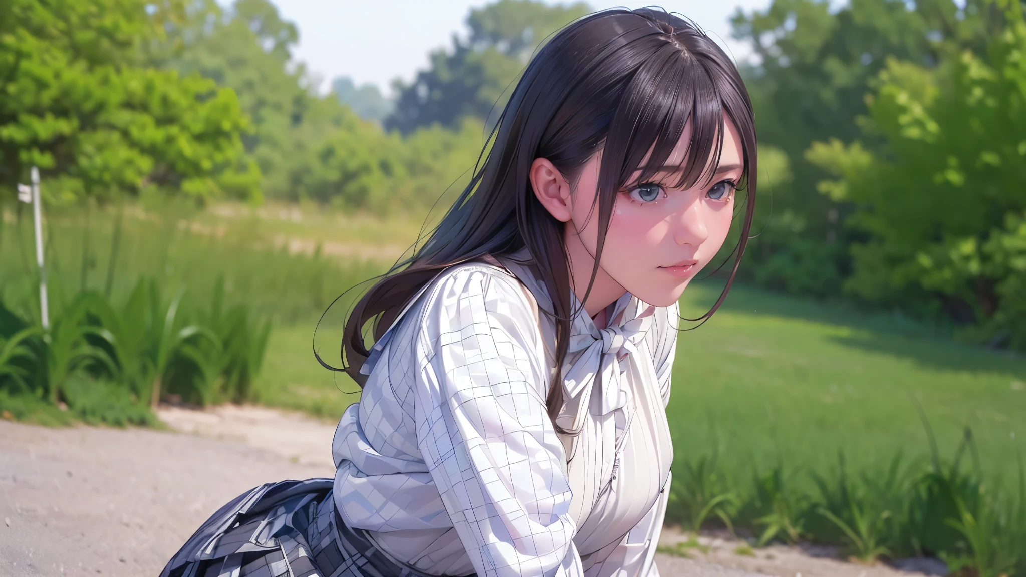 (8k, RAW Photos, highest quality, masterpiece:1.2), (Realistic, photo-Realistic:1.37),One girl, Green Eyes, Long Hair, super detailed cloth,((Checkered pleated skirt、Beautiful white blouse:1.3)),