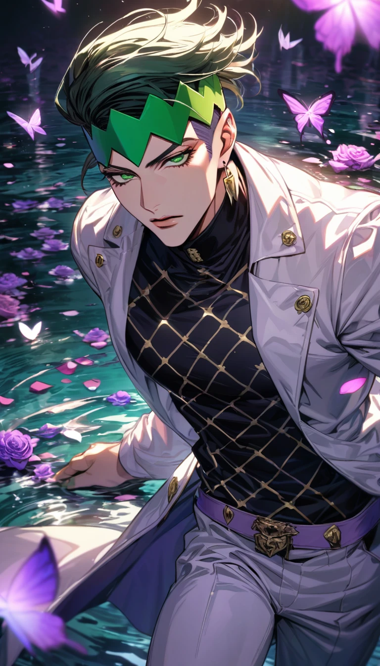 Ultra detailed, HDR, Highres, absurdres, master piece, Kishibe Rohan, dark green hair, expressive green eyes, white long coat with patterns, Jojo Bizarre Adventure, black tight shirt, purple glittering butterflies, purple ice, petals, purple ice roses, sexy man, solo, extremely detailed face and eyes, extremely handsome, glittering, water, white pants,