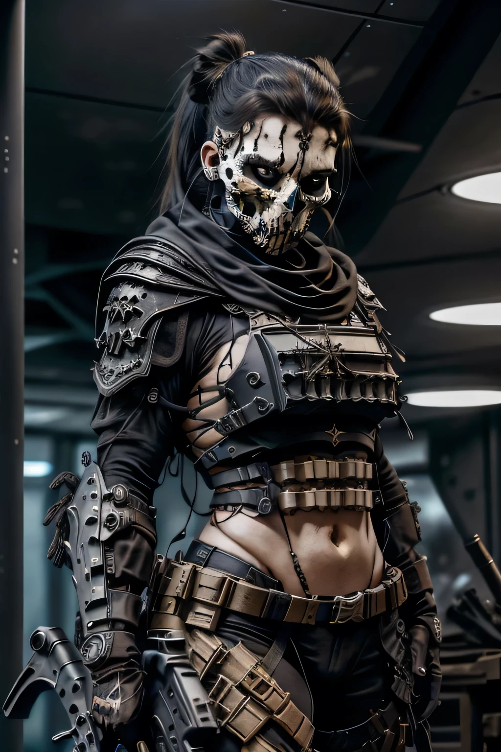 cute, girly, skull mask, armor, army, holding weapon, thedeathsquad, long black ponytail, cleavage skin