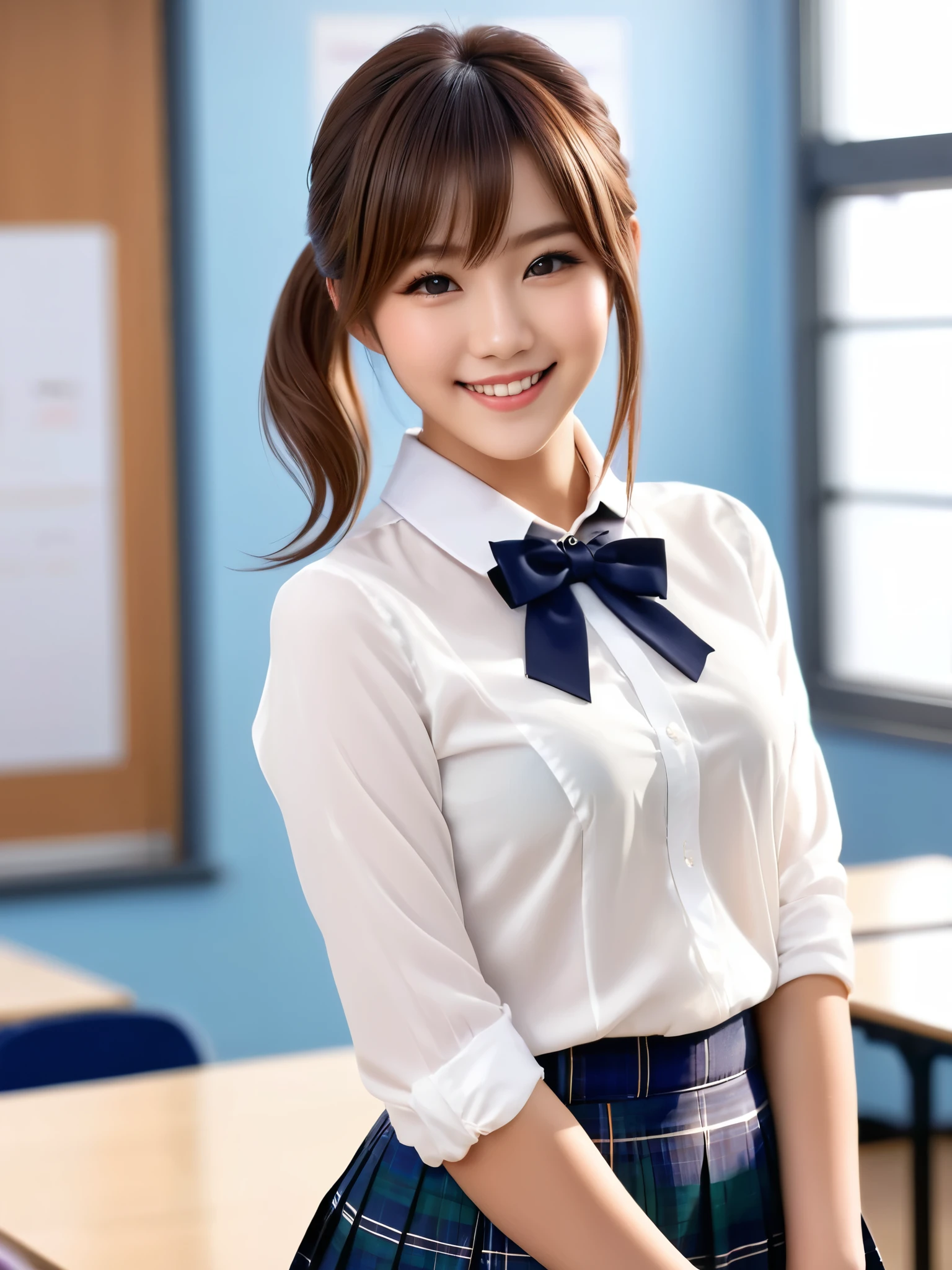 product quality, 1girl, full body shot, front view, a Japanese young pretty girl, 18 years old, short hair, taking a class with a big smile on a crowded classroom of a high school, glamorous figure, busty, wearing a long sleeves white shirt with a collar, plain dark blue bow tie, dark blue tartan plaid pleated skirt, hyper cute face, glossy lips, double eyelids in both eyes, natural makeup, long eyelashes, shiny smooth light brown hair, asymmetrical bangs, fair skin, central image, high resolution, high detail, detailed hairstyle, detailed face, spectacular cinematic lighting, octane rendering, vibrant, hyper realistic, perfect limbs, perfect anatomy