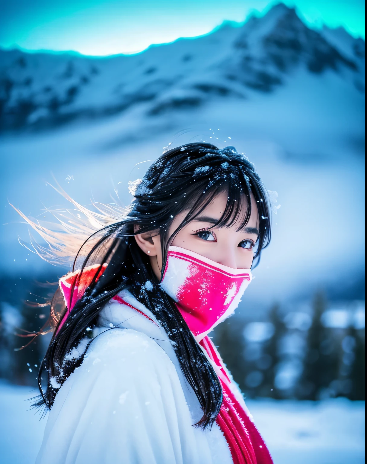 (highest quality, 8k, High resolution, masterpiece:1.5, ), Beautiful Japanese Girl, Snow Girl, 20-year-old, Perfect Human Anatomy, Big magic eye, Serious expression, Detail of windblown black hair, Long hair that shines like the aurora, Asymmetrical bangs, Smooth and soft white skin, ((White kimono)), High-quality fabric, (Colorful glowing snow effect:1.3), ((Snowy mountains in a blizzard)), Professional Lighting, Professional Photographer, Professional Model