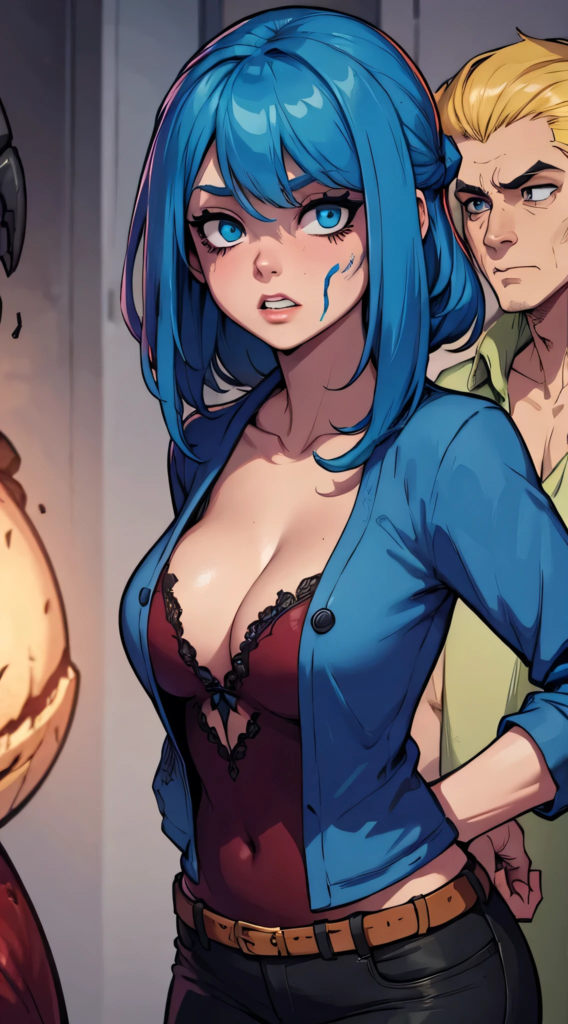 female face ckose up. zombie, blue, zoomed