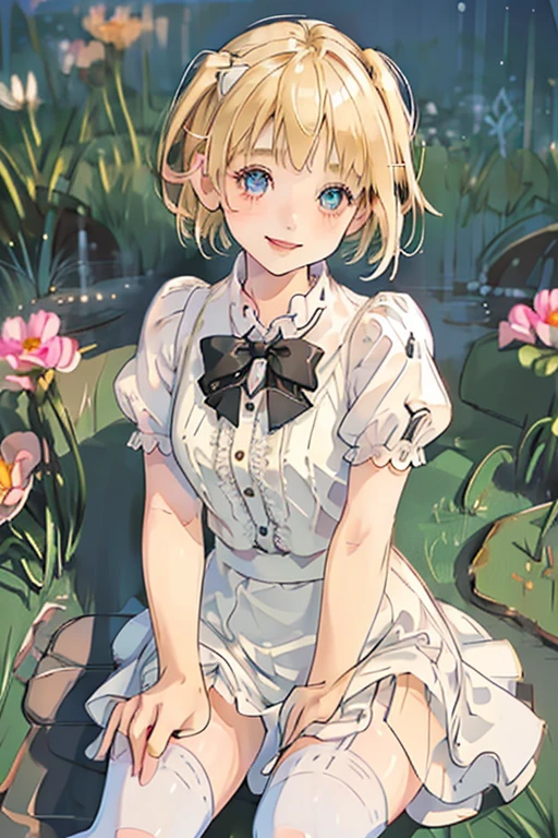 (photorealistic, best quality, ultra-detailed), 6-year-old girl, playful dynamic pose, spread legs, transparent white blouse, short black skirt, white stockings, blonde hair, cute pigtails, beautiful detailed eyes, long eyelashes, bright smile, innocence, fair skin, soft shadows, dreamlike, serene landscape, concept artist's imagination, ultra-fine painting, physically-based rendering, sexy girl model.