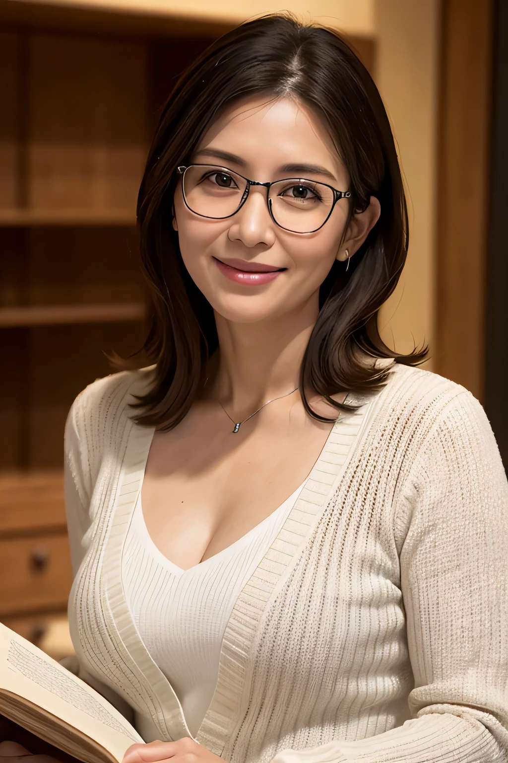 8k, highest quality, masterpiece, Realistic, Photorealistic, Ultra-detailed, Natural light, large breasts with good shape, I can see her cleavage, 1 person, 40-year-old woman, Black Hair, Beaver, Straight Hair, Silver-rimmed glasses, (Look at the viewers), Disheveled knit V-neck shirt, Highly detailed face and skin, Detailed eyes, Highly detailed face and skin,Date Book,Mature Woman,Book,A big smile,underwear