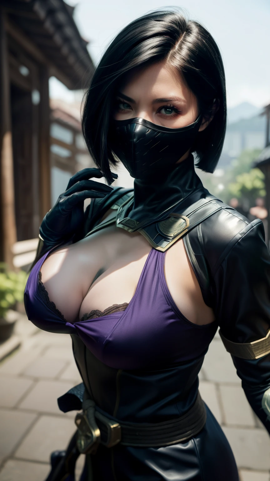 (High quality photo, ultra realistic, 8k, character from MORTAL KOMBAT game), (Mileena) super beautiful in her sexy purple outfit, photo taken close up, close-up of beautiful face, normal hands, detailed fingers, masterpiece , perfect girl, (realistic 8k, photo-realistic: 1.37), realistic detailed, 1girl, sexy beautiful hair:1.5, short black hair:1.2, green eyes:1.5, erotic, half naked, glowing eyes, ((mortal kombat mileena )), ninja, weapons, kimono, sexy warrior dress, ((mortal kombat)), long breasts, large hanging breasts, (gigantic breasts), the erotic costume focuses on your sexy body, slim body, wide hips, pose fight, serene look, temple, meditation, Ninja Mask, I covered his mouth, eyes to the sky, (sexy micro panties, (vendor foot), micro panties tucked into the private parts, sexy costume), mask in a hurry, reflection, the background shows moonlight, moon, cherry blossom, swords, erotic hot body, body-hugging clothing,