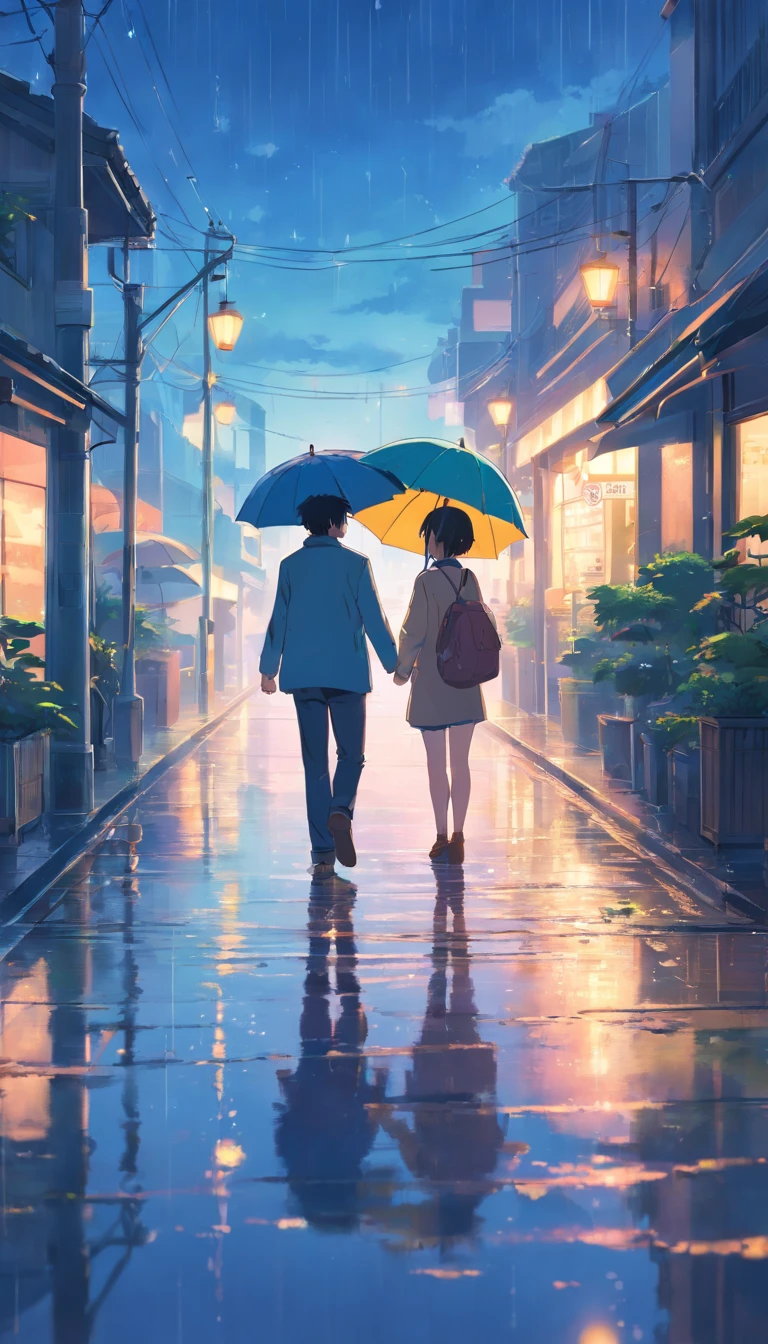 Couple　Emotional　Date　romantic　Soothing　rain　A little frog is hiding　Umbrella　Soothing　Puddle　Back view　Landscape