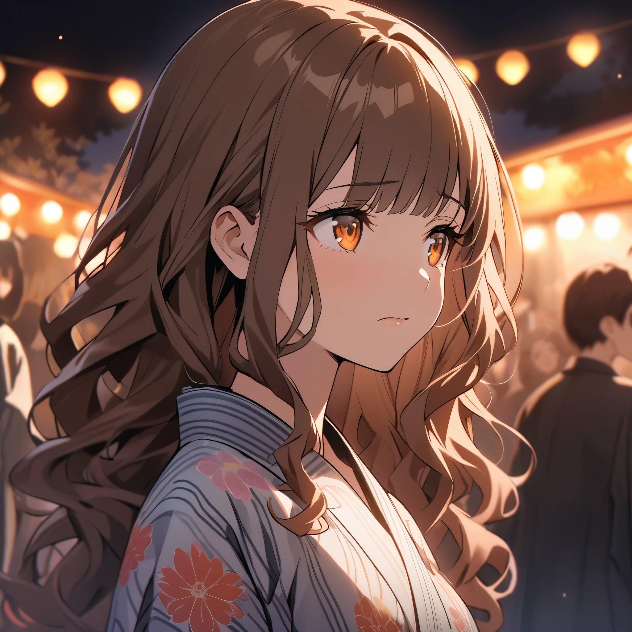 side angle, (looking away:1.5), high quality、Masterpiece、Biologically correct five fingers、A close-up of your face、shiny skin, shiny hair、(25 year old woman with bangs) and (wavy hair) and (brown hair) and (orange eyes) , (yukata) and (pink) and (Floral patterns)、sad, The background is a Japanese park at night、Alone、Are standing