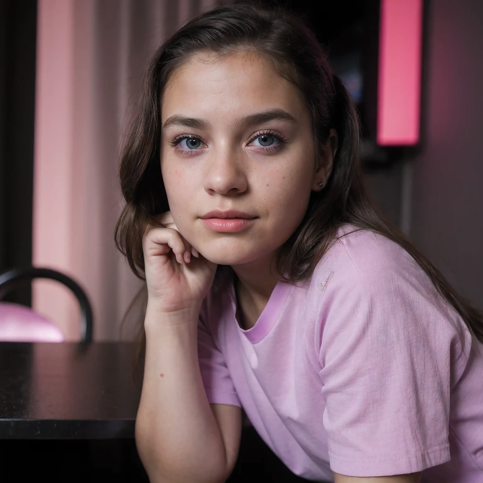 photo of a college student，9 years old, in Purple Pink, futuristic cotton and linen, (freckles:0.8) cute face, sci-fi, dystopian, detailed eyes, cobalt blue eyes（（Side view））Disco bar