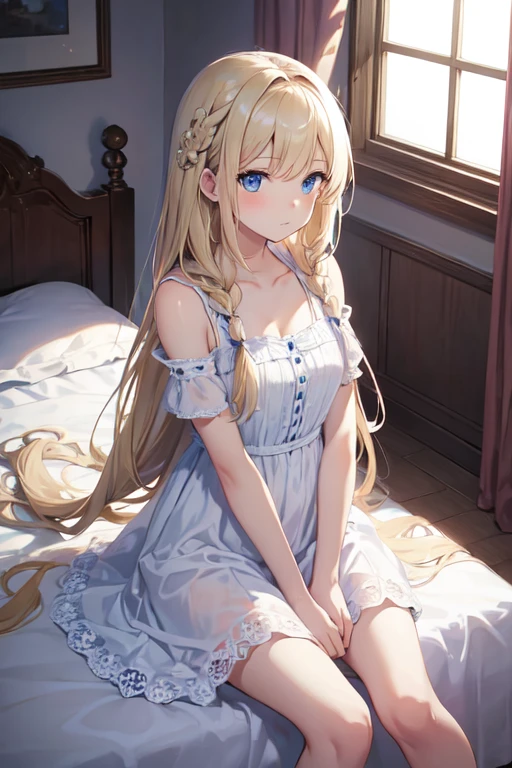 masterpiece, highest quality, High resolution, -yeld giblue eyes、
blonde, Braiding, White dress, White panties、room、bed、Sitting with arms crossed