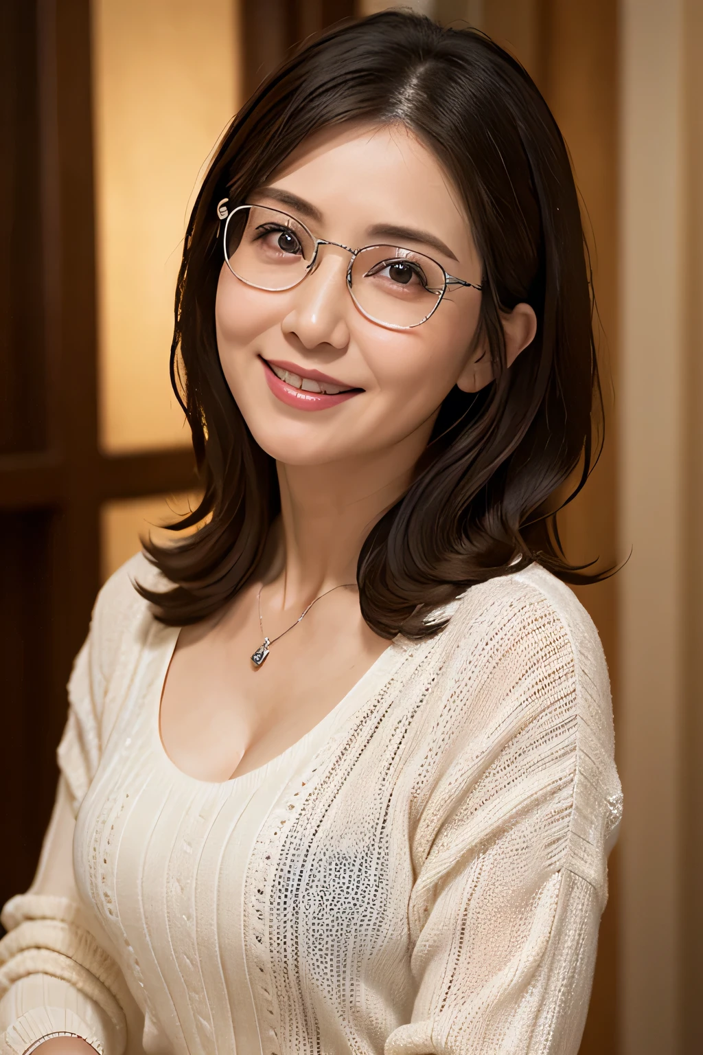 8k, highest quality, masterpiece, Realistic, Photorealistic, Ultra-detailed, Natural light, large breasts with good shape, I can see her cleavage, 1 person, 40-year-old woman, Black Hair, Beaver, Straight Hair, Silver-rimmed glasses, (Look at the viewers), Disheveled knit V-neck shirt, Highly detailed face and skin, Detailed eyes, Highly detailed face and skin,Date Book,Mature Woman,Book,A big smile,Disheveled clothing