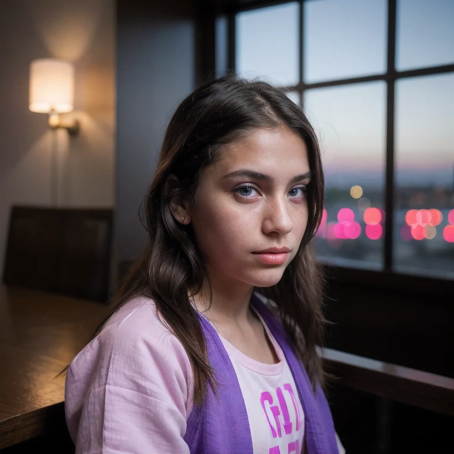 photo of a college student,9 , in Purple Pink, futuristic cotton and linen, (freckles:0.8) cute face, sci-fi, dystopian, detailed eyes, cobalt blue eyes((Side view))Disco bar