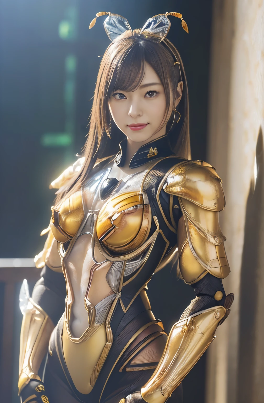 (high resolution,masterpiece,best quality,extremely detailed CG, anime, official art:1.4), realistic, photo, amazing fine details, all intricate, gloss and shiny,awesome many layers, 8k wall paper, 3d, sketch, kawaii, illustration,( solo:1.4), perfect female proportion,villainess, (fusion of queen bee and lady:1.4), (queen bee form lady:1.2), (queen bee lady:1.2), (fusion:1.2), (solo:1.4), (evil smile:1.2), muscular, abs, (queen bee exoskeleton bio insect suit:1.4), (queen bee exoskeleton bio insect armor:1.2), (brown transparency queen bee wing:1.4), (brown queen bee antennae:1.3),