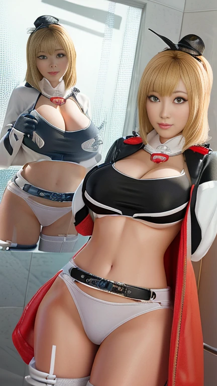 Two women in a bathroom with a mirror, y 2 k cutecore crowncore, software version, Biomechanical , Female cyborg body, ( ( ( ( 3D Rendering ) ) ) ), Cowgirl, Inspired by Rob Liefeld, Black and white fitted robe!, Twin tails white_gloves, Female body type