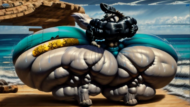 4k, high resolution, best quality, perfect lightning, perfect, solo, anthro, young, boy,white wolf:2.0, furry body, (fluffy mane:1.2), fluffy tail, male, adult, (bulky2:0, thick muscles2:0, huge muscles:2.0, hyper muscles:2.0), (thick biceps, veiny biceps, broad shoulders:2.0), (thick legs, thick calves:1.1), (digitigrade legs, 4 toes:1.2), perfect colors, (photorealistic fur, detailed fur, epic, masterpiece), (suggestive posing:1.2), (seductive smile, lustful grin 1.3), detailed beach,detailed wolf eyes:2.0, by k0suna, by darkgem，nipple ring，hyper arms:2.0，veins,white body,white fur,hyper butt:2.0,hyper paws:2.0，standing，thick legs，thick butts:2.0,sweat body:2.0,massive butt:2.0,black hat,hyper ass:2.0,huge ass,long legs,juicy butt:2.0,butt like a mountain,butt with colorful patterns:2.0,wide butt,hyper wide butt,butt like a wall behind character,focus on butt:0.7