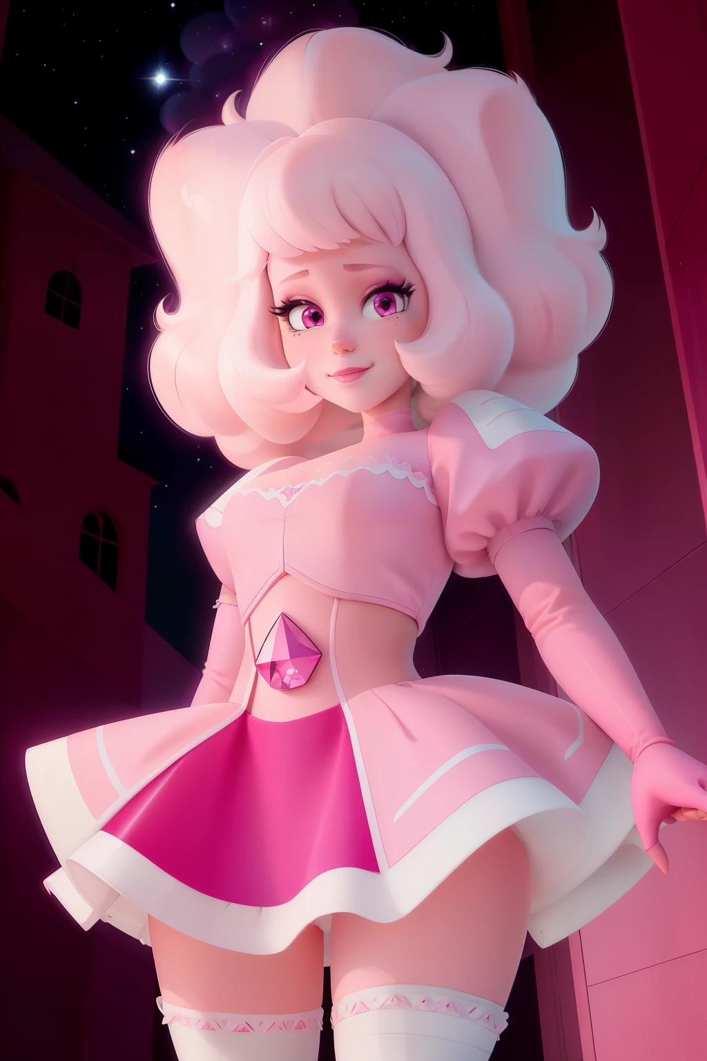 pnkdamond, pink hair, pink eyes,  big hair,  stomach gem,  pink skin,  toned, 
puffy short sleeves, elbow gloves ,  white thighhighs,   puffy dress, 
standing, upper body, 
 outerspace,  
(insanely detailed, beautiful detailed face,beautiful detailed eyes, masterpiece, best quality) cinematic lighting,  smile, 
 