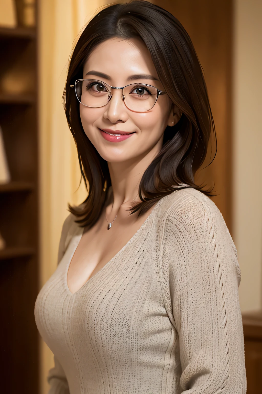 8k, highest quality, masterpiece, Realistic, Photorealistic, Ultra-detailed, Natural light, large breasts with good shape, I can see her cleavage, 1 person, 40-year-old woman, Black Hair, Beaver, Straight Hair, Silver-rimmed glasses, (Look at the viewers), Disheveled knit V-neck shirt, Highly detailed face and skin, Detailed eyes, Highly detailed face and skin,Date Book,Mature Woman,Book,A big smile,Disheveled clothing