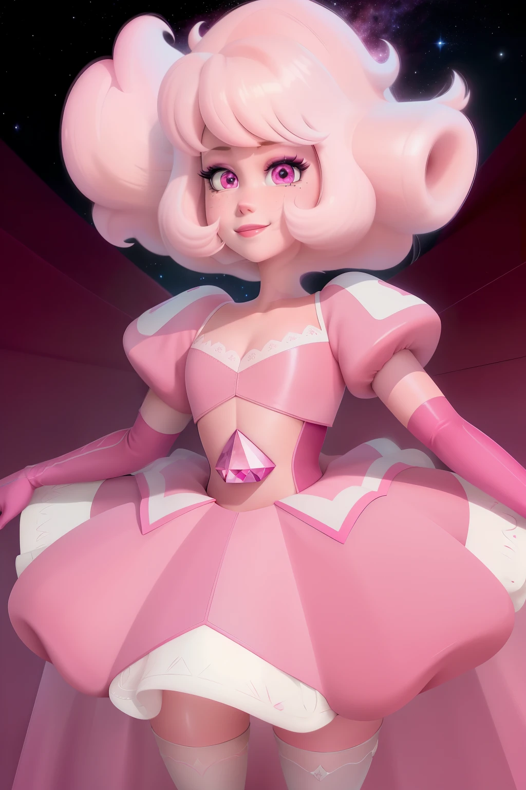 pnkdamond, pink hair, pink eyes, big hair, stomach gem, pink skin, toned,
puffy short sleeves, elbow gloves , white thighhighs, puffy dress,
standing, upper body,
outerspace,
(insanely detailed, beautiful detailed face,beautiful detailed eyes, masterpiece, best quality) cinematic lighting, smile,