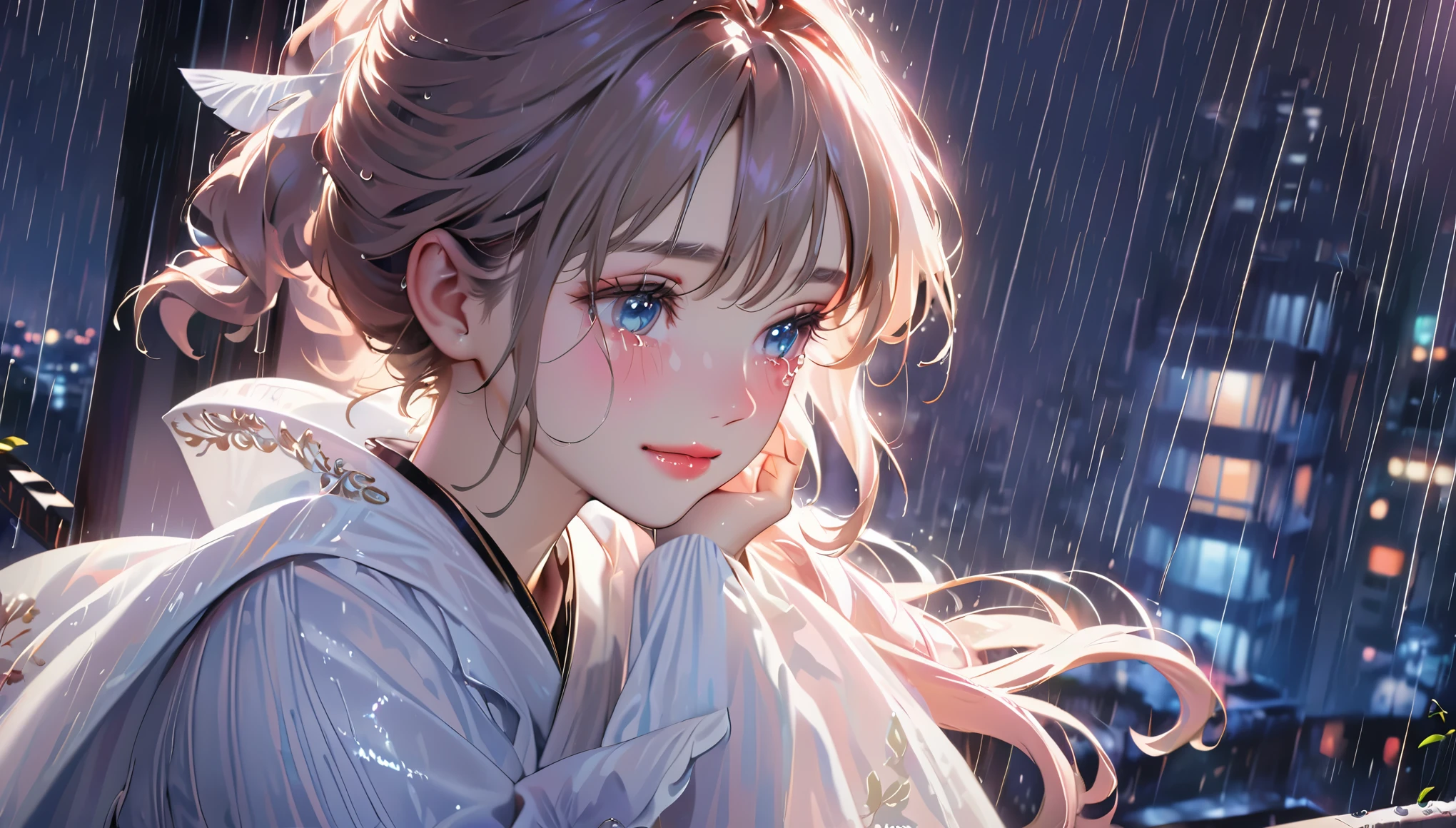 best quality, highres, ultra-detailed, realistic:1.37, vibrant colors, portrait, soft lighting, long eyelashes, sparkling eyes, glossy lips, detailed skin, retro pattern, pastel colors, ((smile while crying1.2)), ((shedding tears:2.0),, ((sad look:1.8)),, dreamy atmosphere, elegant pose, nostalgic vibes, glittering highlights, flawless complexion, 80s style fashion, retro hairdo, pink blush, delicate features, diamond-like eyes,((rain squall:2.8)),((high rise residential building Dark city silhouette background:2.0))