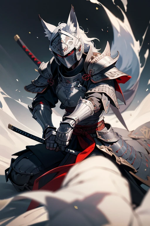 masterpiece、Wolf Knight, Fine Armor, Intricate Design, Silver, silk,8k, sharp、View your viewers、Red eyes、Create with this image in mind、Samurai Armor、