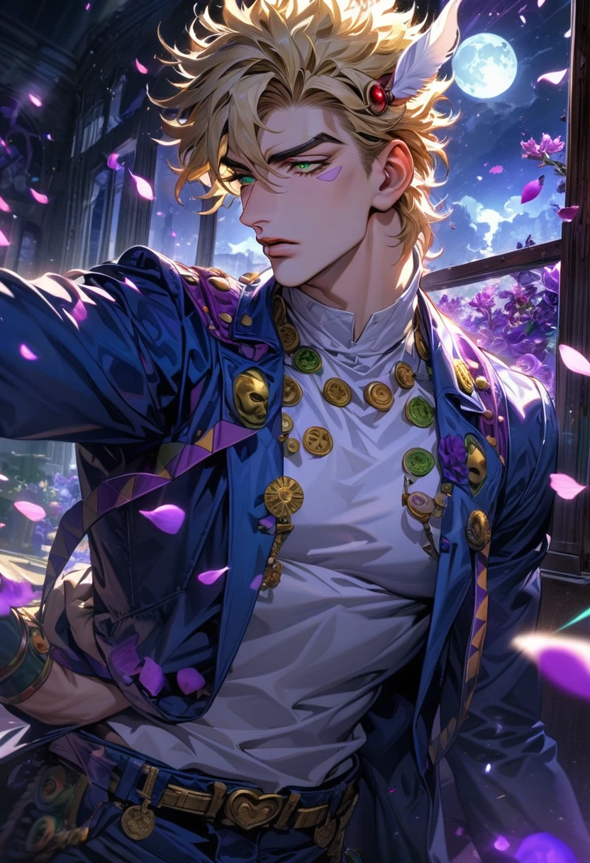 absurdres, highres, ultra detailed, HDR, master piece, ultra detailed picture, extremely detailed face and eyes, Caesar Anthonio Zeppeli, blonde hair, expressive green eyes, Jojo bizarre adventure, sexy man, solo, handsome, blue coat, white shirt, moon, window, purple flowers, petals, purple shining lights 