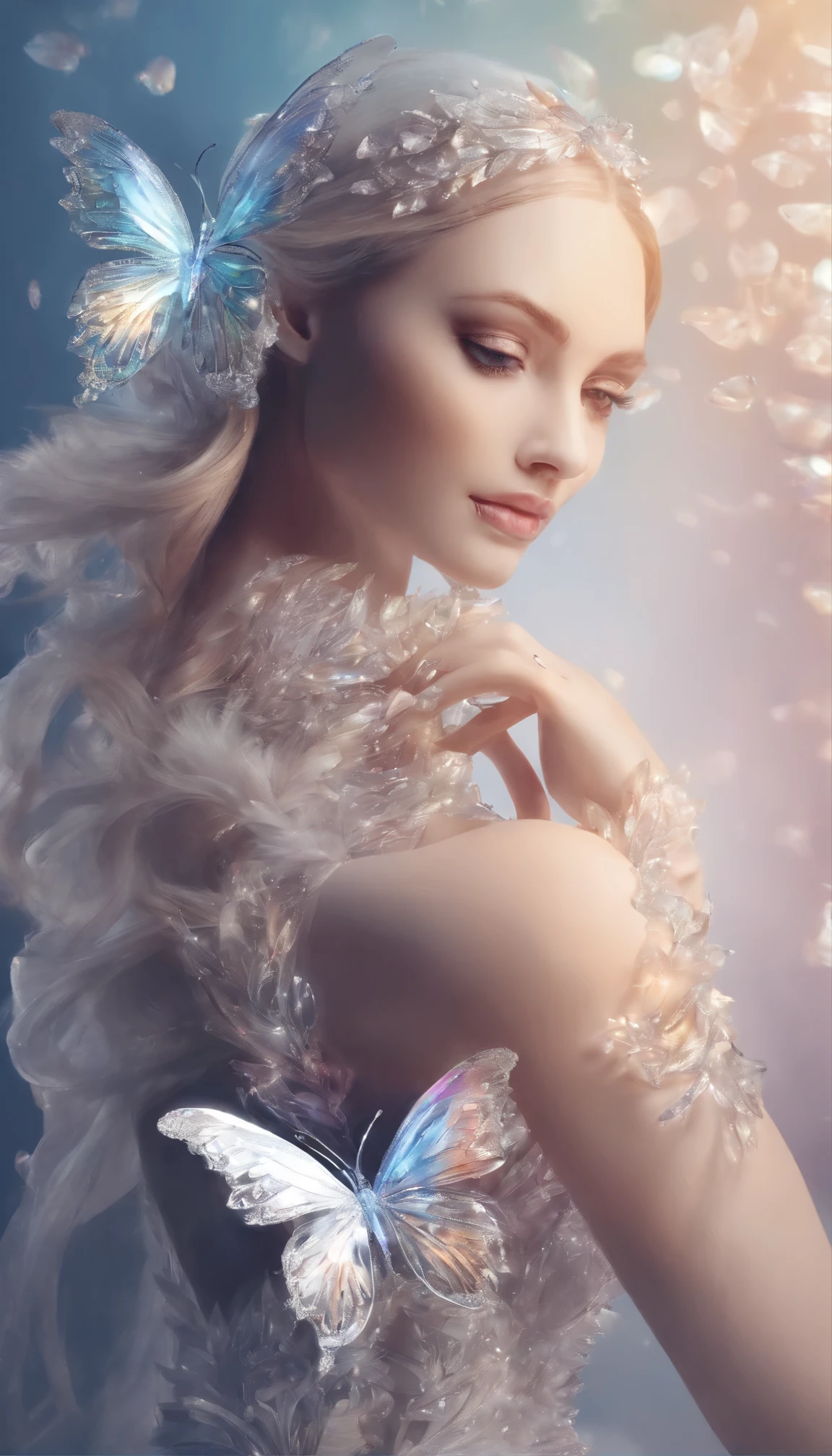 Crystal butterfly,butterflys,Beautiful wings, Transparent body, Sparkling crystals, Delicate tentacles, vivd colour, Surreal background, ethereallight, flashing reflection, Complicated details, mysterious atmosphere,Fantastical, galaxias, cleanness, Sparkling, Sparkling, splendor, Colorful, amazing cinematography, dramatic lights, photo-realism, ultra - detailed, 4K, depth of fields, A high resolution