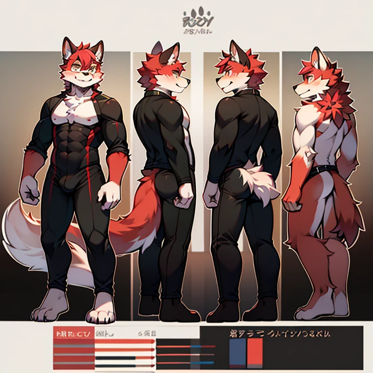 wear glasses, Male wolf, Bright Eyes,The eyes are gray，With black bow，White belly，The tip of the tail is white，White around the paw，Meatballs Pink,hairy,hairy male ,Flower charcoal,(Body hair, hairy尾巴, Red fur,),Bodysuit，浑身hairy的，Character Design Sheet,front view of body, Back view of body, Very detailed