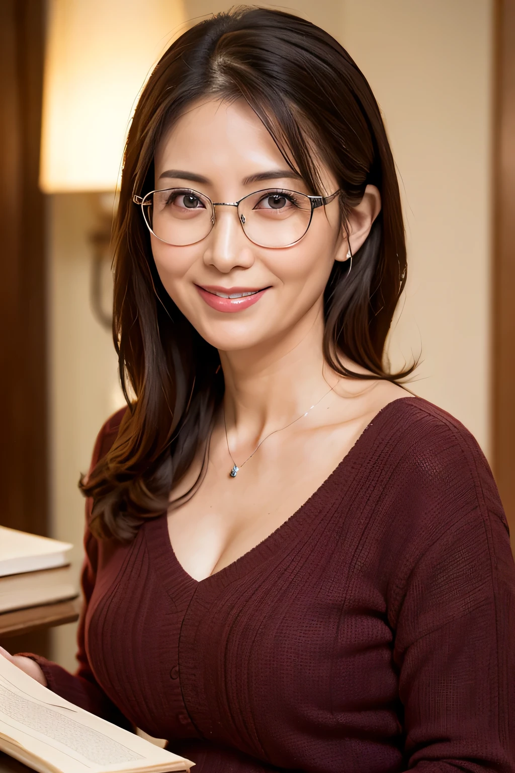 8k, highest quality, masterpiece, Realistic, Photorealistic, Ultra-detailed, Natural light, large breasts with good shape, I can see her cleavage, 1 person, 40-year-old woman, Black Hair, Beaver, Straight Hair, Silver-rimmed glasses, (Look at the viewers), Wine red knitted V-neck shirt, Highly detailed face and skin, Detailed eyes, Highly detailed face and skin,Date Book,Mature Woman,Book,A big smile