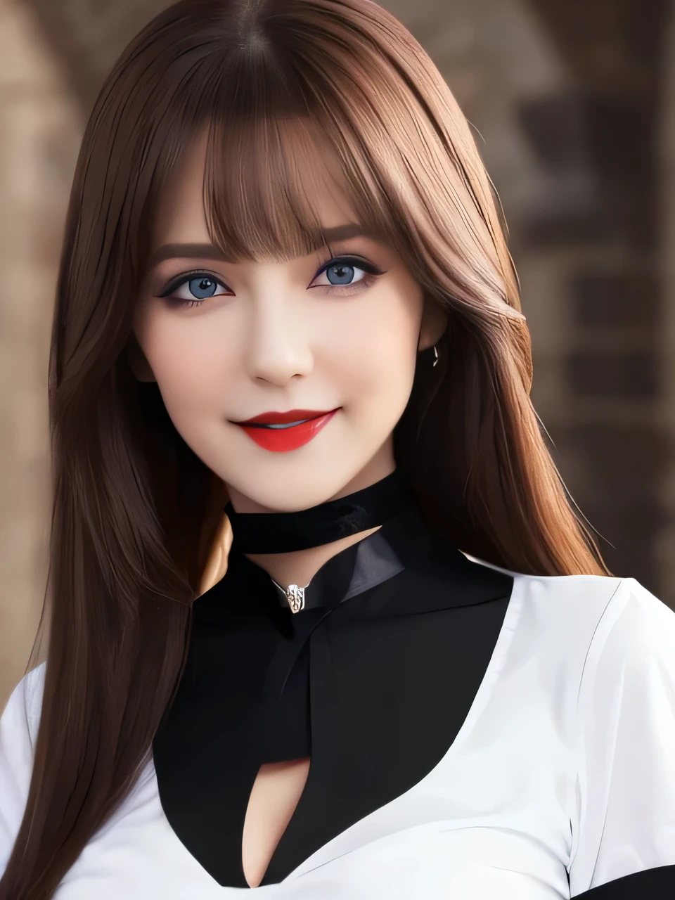 masterpiece, Front view, Bust up shot、Upper Body、Cute Japanese Vampire, (輝くBrown Hair, Straight Long Hair), ((Ivory tight shirt)), Very cute face, Glossy Lips, Double eyelids on both eyes, Natural Makeup, Brown Hair, Asymmetrical bangs, High resolution, Attention to detail, Detailed hairstyle, Detailed face, Octane Rendering, SF, Perfect limbs, ((Black choker)), blue eyes, (Big Breasts), ((Slim body:1.5)), Cool Beauty, ((Slim face)), smile, Mature Woman, Browsing Caution:-1.2, Long, Bushy Eyelashes, Cleavage, ((Dracula's Castle)), vamp fangs:1.2, fangs, By mouth2The book's fangs are showing, Grin, ((White teeth)), White Fang、Open your mouth