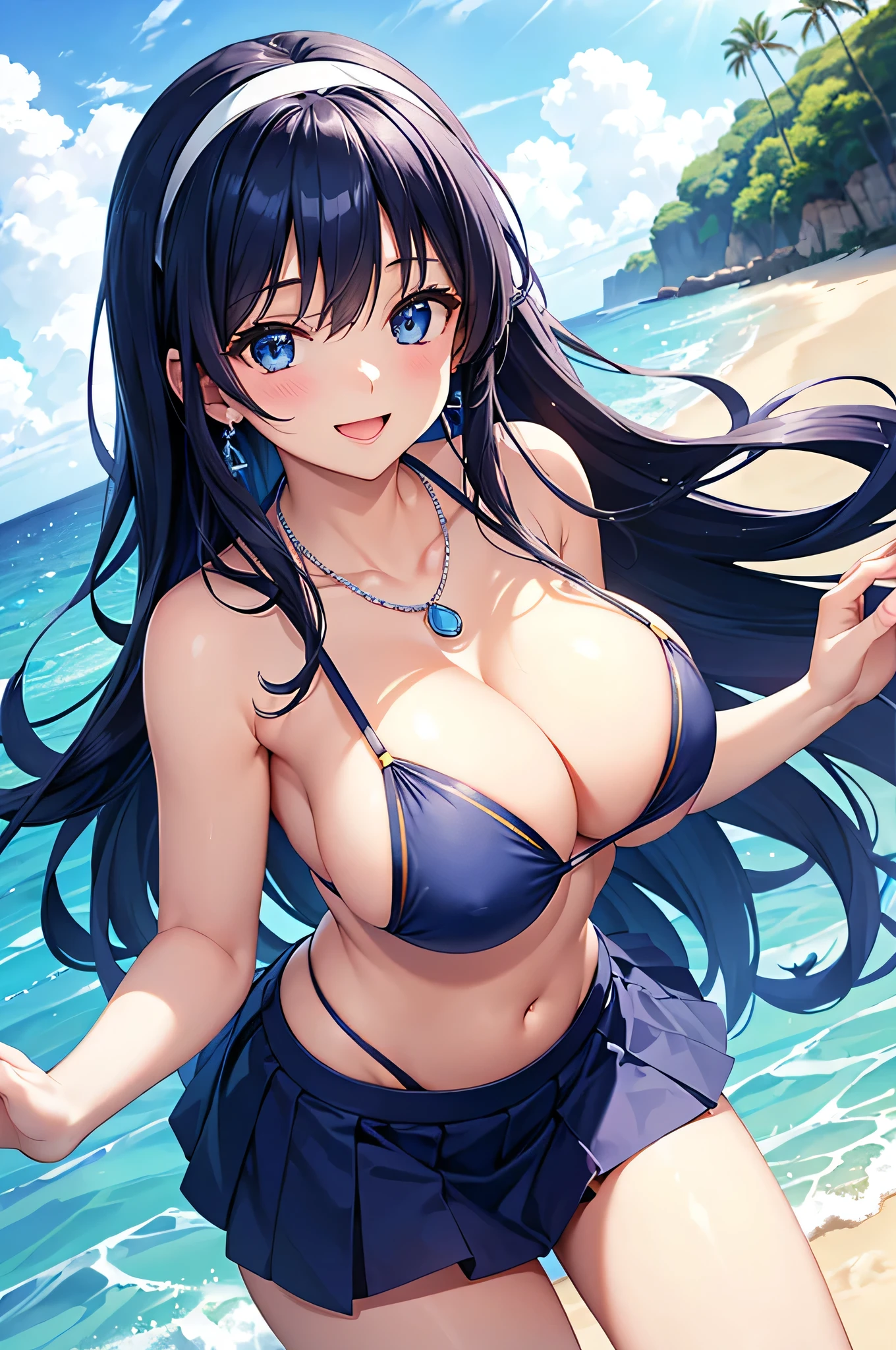 highest quality、Best image quality、masterpiece、beautiful girl、Navy blue long hair、blue eyes、Navy Blue Bikini、Big cleavage、(Big Breasts)、smile、blue necklace、Blue Earrings、background(Beach)、Sexy pose、Please open your mouth wide、Navy Blue Skirt、White headband、Dynamic Angle