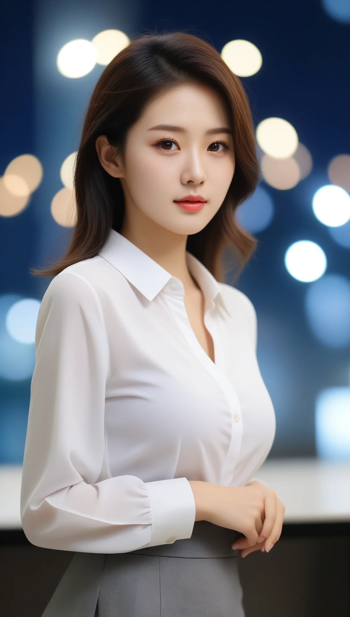 close-up of beautiful korean female, 34 inch breasts size, wearing long sleeve shirt, skirt, in office,  bokeh background, night, UHD