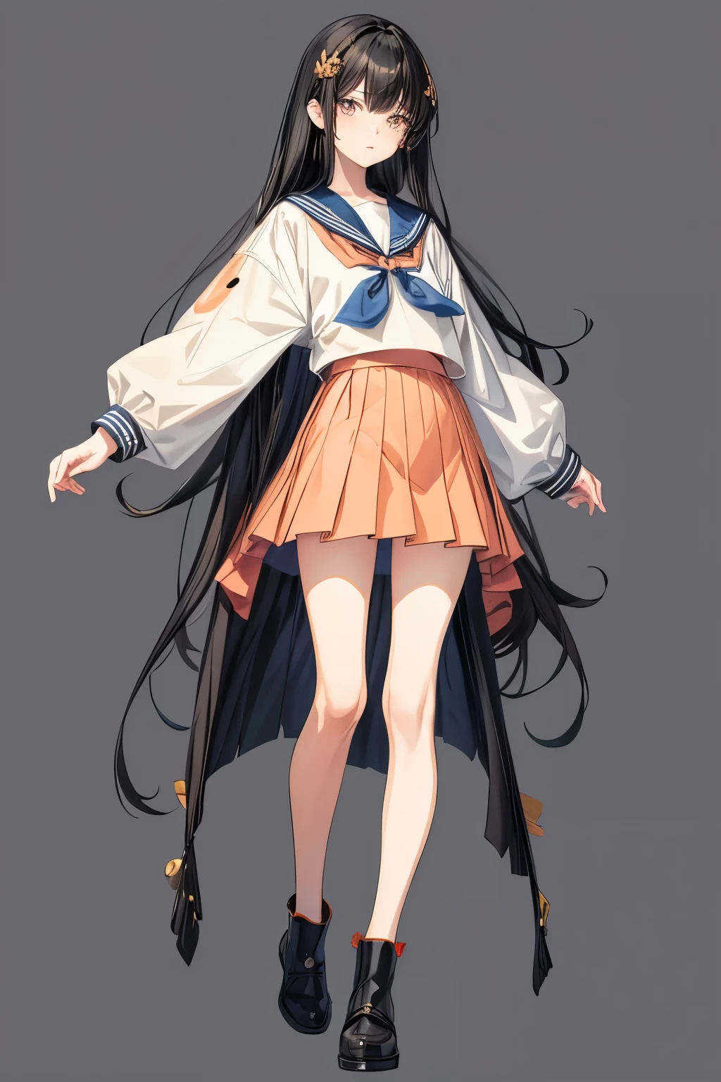 (flat color:1.1),(masterpiece:1.2), original, medium length straight black hair, peach-colored eyes, mature female wearing sailor fuku