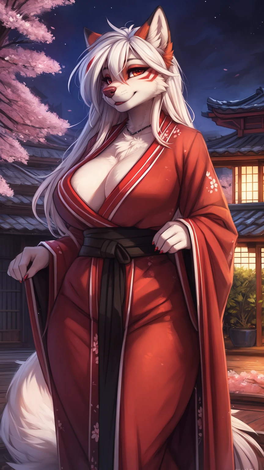 by kenket, Ross Tran, ruan jia, zaush, foxovh, by Zackary911, by hyattlen, by teranen, by fumiko, by Pixelsketcher, by fluff-kevlar, bye r-mk, by Dimwitdog, Furry, Anthro, (luxurious kimono), female white fox with red markings, kemono, (huge breasts), long (elegant) white hair, hourglass body, seductive, alluring eyes, looking at viewer, red markings on body, white fur, traditional japanese, magic fantasy, (mature), milf, tall, curvy, outdoors, cherry blossoms, nighttime, (red eyeshadow), red eyeliner, very expensive kimono with detailed cherry blossoms on it, (prostitute), lipstick, wide hips,