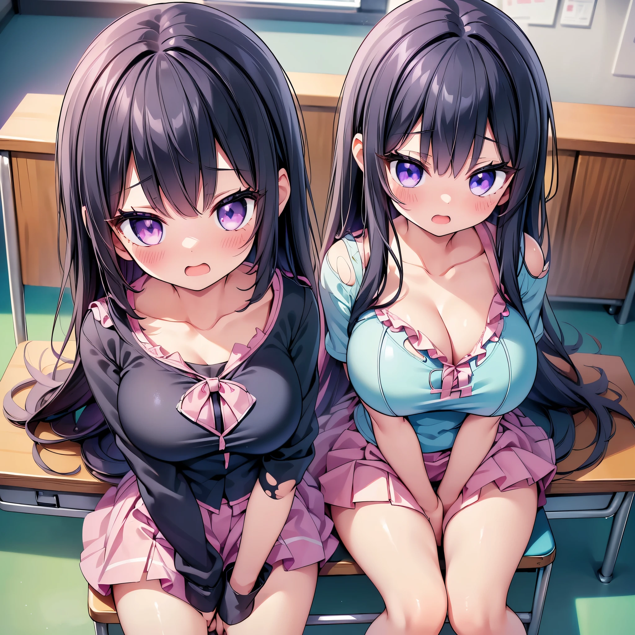 (cute eyes:1.2), (sparkling eyes:1.2), (8K、Best image quality、highest quality、masterpiece)、Detailed face、(2 girls)、Improve、(Black Hair, Purple Eyes, long hair)、(open mouth), (embarrassed), (huge breasts:1.3), (magical pink girl outfit,frill mini skirt:1.2),(torn clothes:1.6), all fours a chair, Classroom Background, (close-up shot of bust), (from above:1.2)