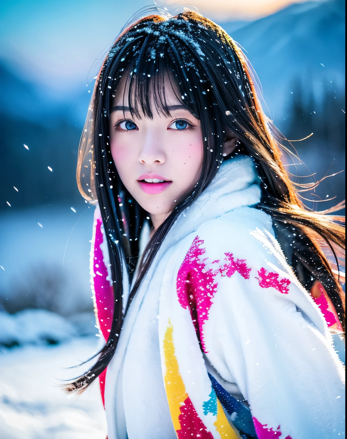 (highest quality, 8k, High resolution, masterpiece:1.5, ), Beautiful Japanese Girl, Snow Girl, 20-year-old, Perfect Human Anatomy, Big magic eye, Serious expression, Detail of windblown black hair, Long hair that shines like the aurora, Asymmetrical bangs, Smooth and soft white skin, ((White kimono)), High-quality fabric, (Colorful glowing snow effect:1.3), ((Snowy mountains in a blizzard)), Professional Lighting, Professional Photographer, Professional Model