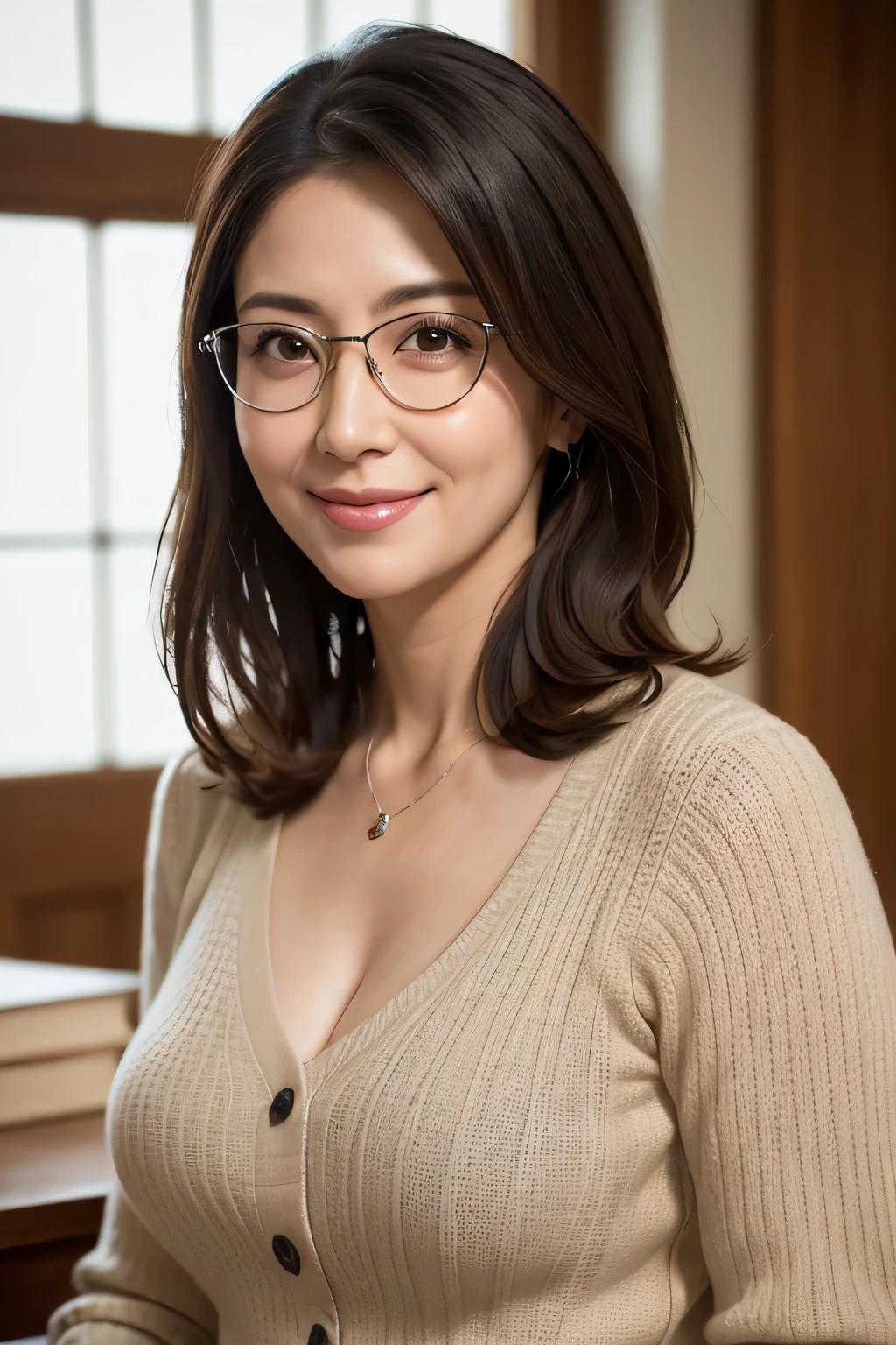 8k, highest quality, masterpiece, Realistic, Photorealistic, Ultra-detailed, Natural light, large breasts with good shape, I can see her cleavage, 1 person, 40-year-old woman, Black Hair, Beaver, Straight Hair, Silver-rimmed glasses, (Look at the viewers), Knitted V-neck shirt, Highly detailed face and skin, Detailed eyes, Highly detailed face and skin,Date Book,Mature Woman,Book,A big smile