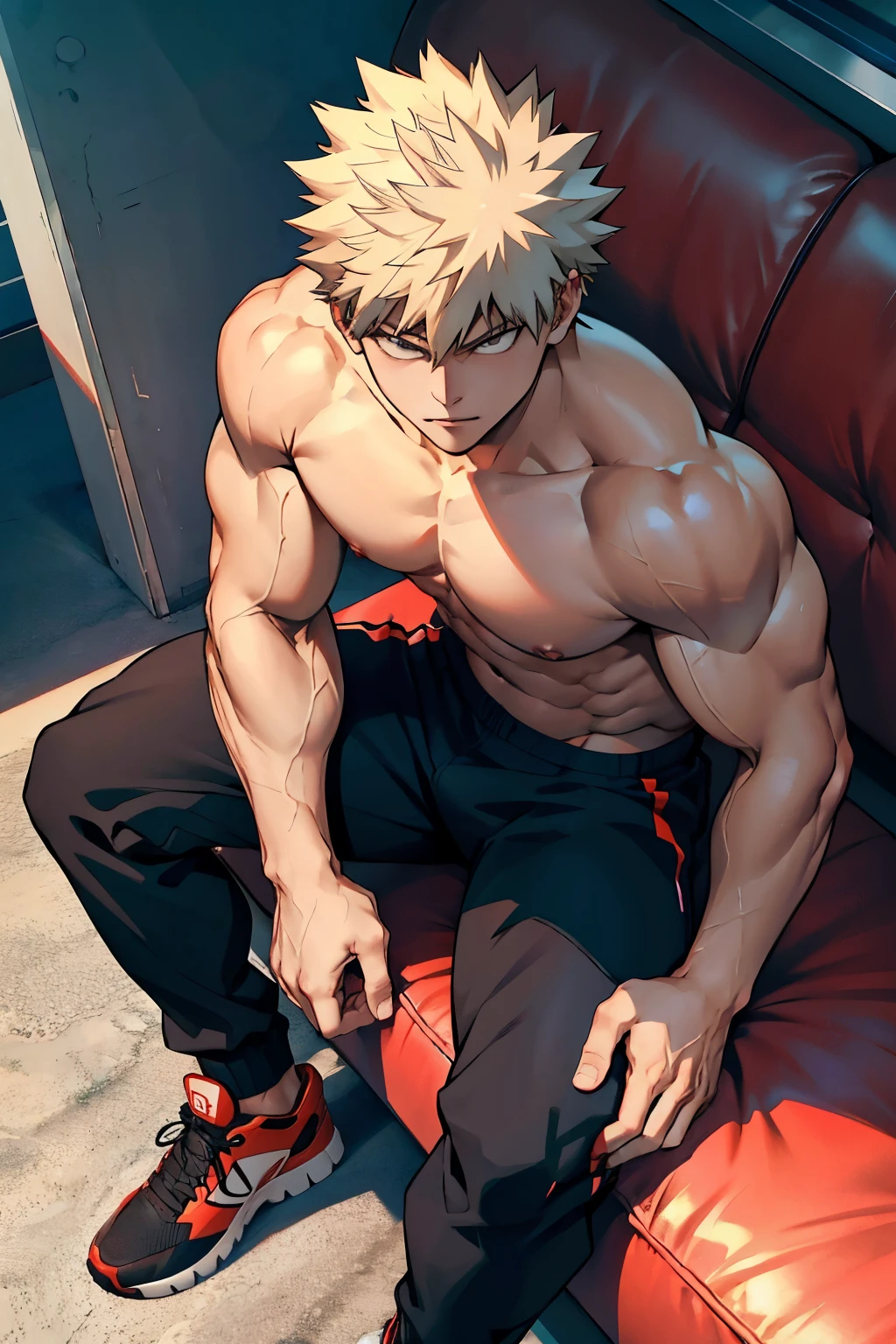 Katsuki Bakugo from Boku No Hero Academia, wearing black gym pants, bodybuilder, defined body, abs, big muscles, shirtless, seen from above